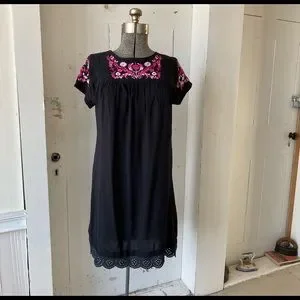 Catherine Malandrino | Dresses | Catherine Malandrino Floral Embroidered  Pink On Black Popover Dress | Poshmark